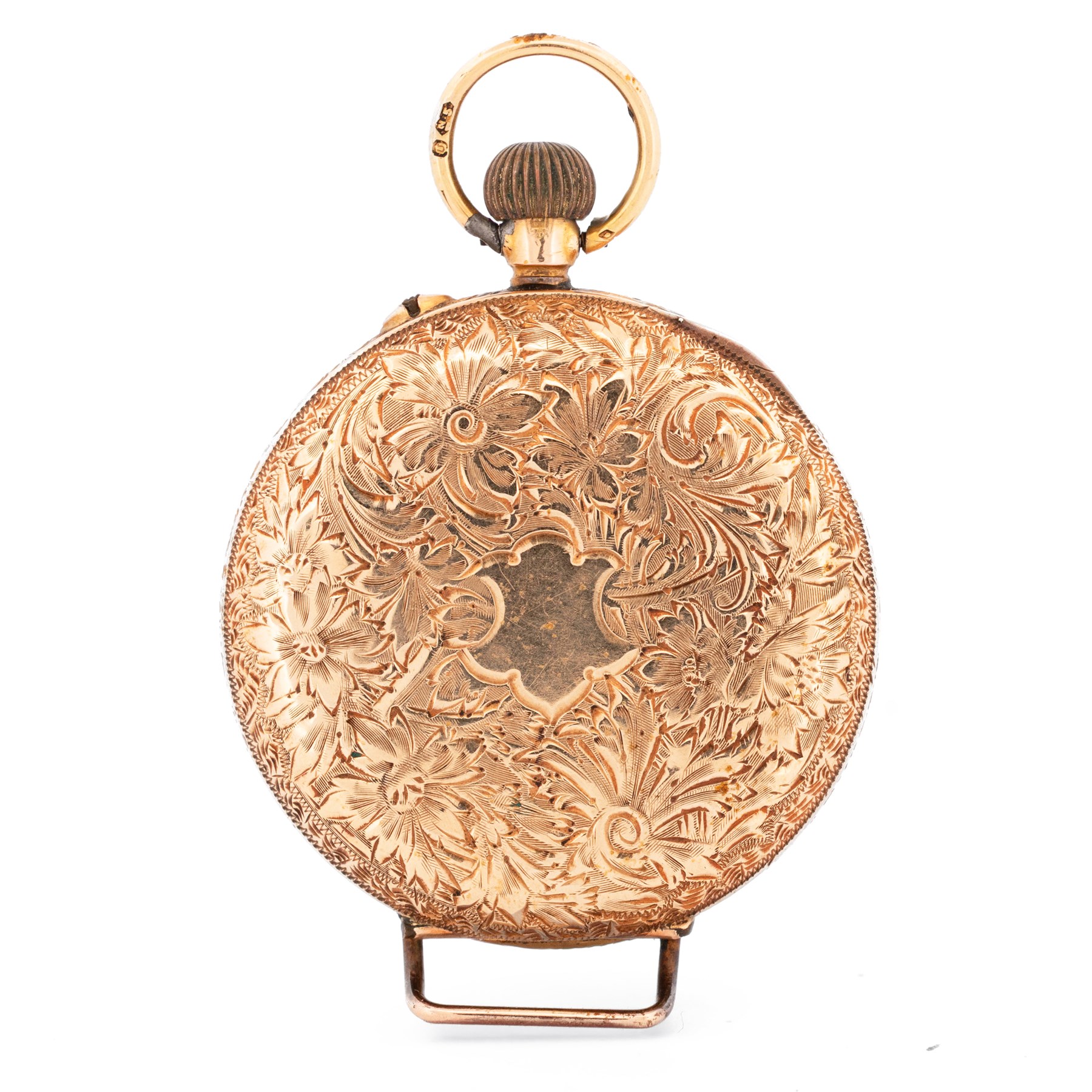 Early 20th century 12ct gold open face cylinder fob watch, white enamel dial with Roman numeral hour markers and gold decoration, retailed by T. Fattorini, with 9ct rose gold lug attachment, case with engraved foliate decoration and empty cartouche by Stockwell & Co, London import mark 1909