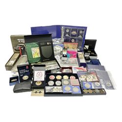Commemorative and other coinage, including various Queen Elizabeth II 'London 2012 sports collection' fifty pence coins on cards, commemorative crowns, Millennium 2000 'Time Capsule' coin set, channel islands old round one pound coins, part sets etc