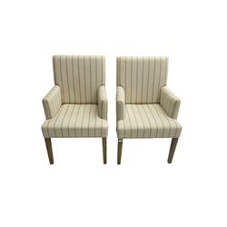 Pair armchairs, upholstered in flannel stipe fabric, on square tapering supports
