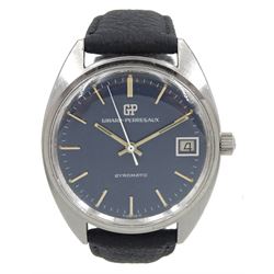 Girard-Perregaux Gyromatic gentleman's stainless steel wristwatch, Cal. 461-770, 17 jewel movement, blue dial with date aperture, on leather strap