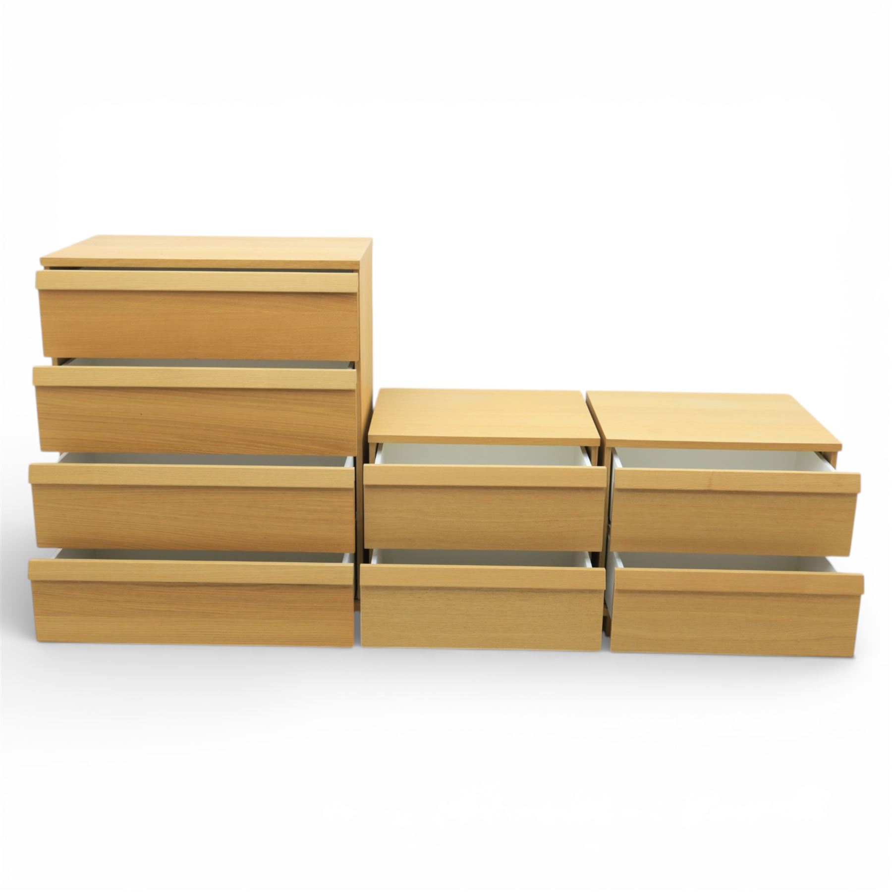 Ikea - 'Oppland' modern oak veneered chest of drawers and a pair of matching bedside chests, with moulded handles across the full width of the drawer, raised on block feet, Bedside tables (H 57cm, D 50cm, W 60cm) 