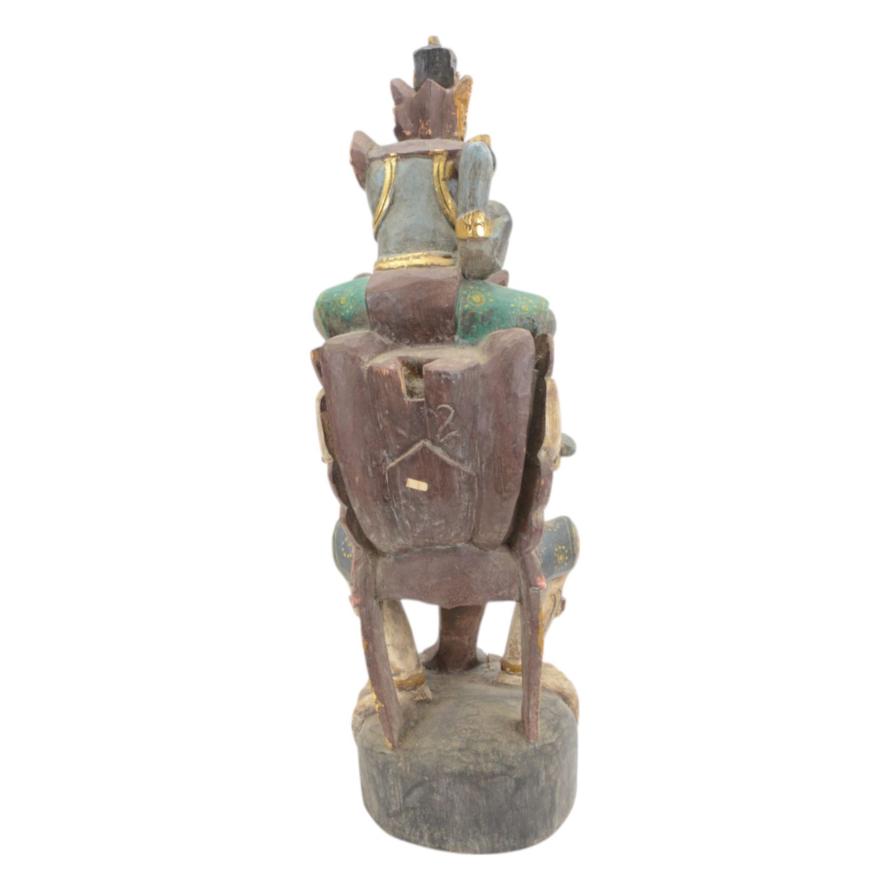 Hindu wooded sculpture depicting Vishnu riding on the shoulders of Garuda, H80cm