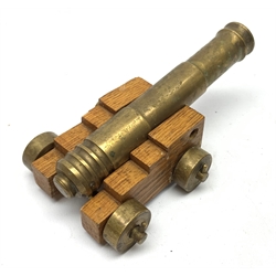  Brass model of a cannon on oak sled, the barrel 15cm, impressed TS A8  