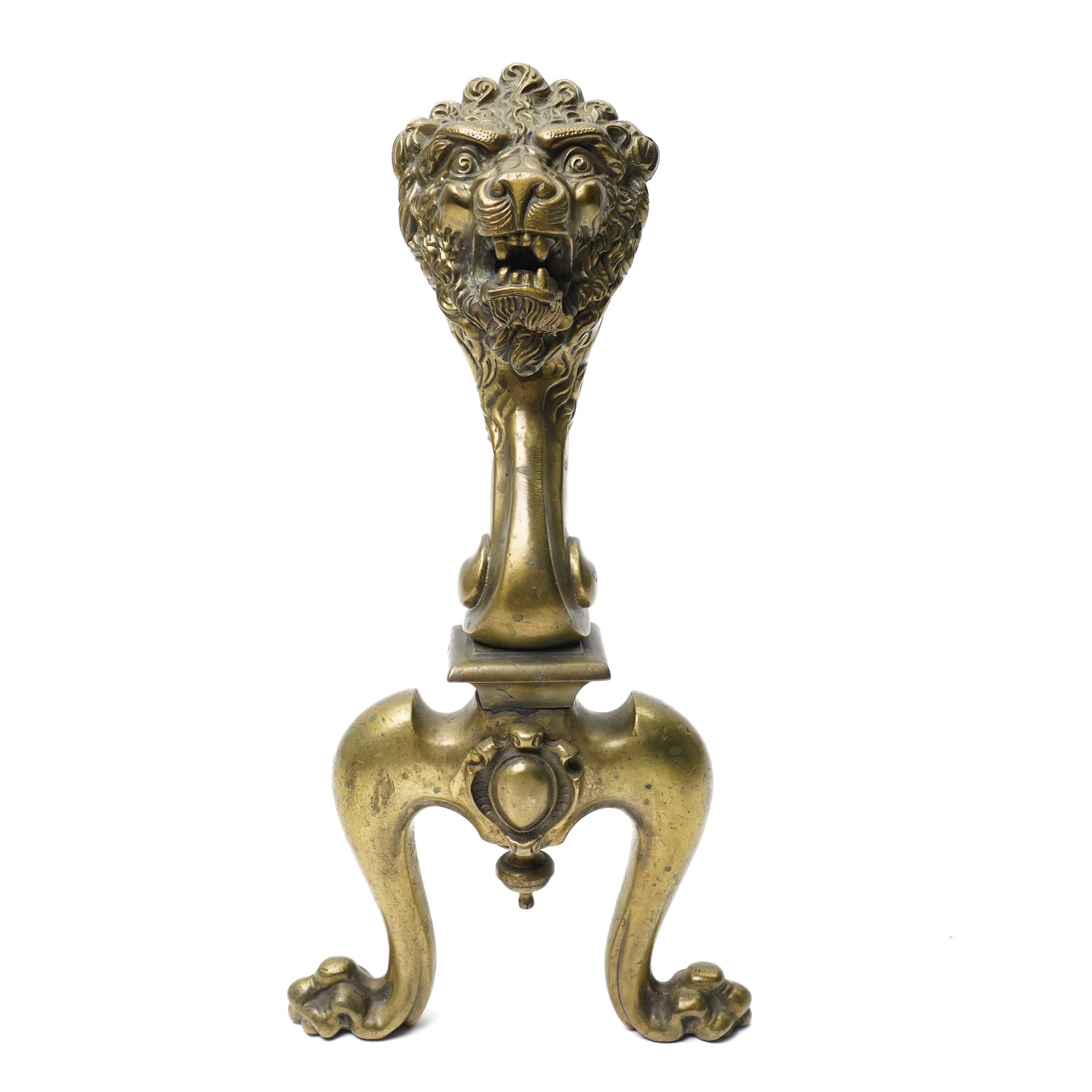 Pair of late 19th/early 20th century cast bronze fire dogs with lion masks and paw feet H37cm