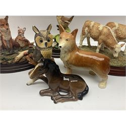 Border Fine Arts Simmental Calves, together with a Beswick foal, two Country Artist animal groups, modelled as birds and foxes and a other animal figures