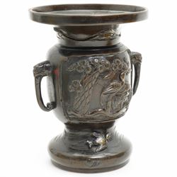 Chinese 20th century polished bronze rice pot with swing handle and raised pattern of dragons D18cm, Meiji period Japanese bronze two handled vase H13cm and a Chinese porcelain bowl from the Tek Sing cargo D15cm (3)