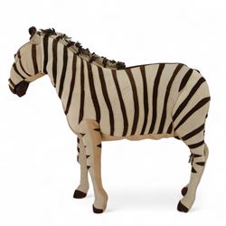 Karen Trower: two zebra sculptures, with leather sew over wood and metal frames, H48cm