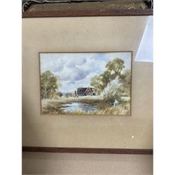 Collection of pictures, to include after James McArdell (Irish 1729-1765): James Quinn as Sir John Falstaff, oil on wood panel unsigned; English School (20th century): Fisherman by a Farm, watercolour signed with S J monogram and dated 1923; after Charles Spencelayh (British 1865-1958): The Cobbler, oil on wood panel unsigned, and two others max 19.5cm x 26cm (5) (one unframed)