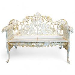 Coalbrookdale design - early 20th century cast iron oak leaf and acorn bench, white painted cast iron frame with slatted wooden seat, the pierced and shaped back decorated with scrolling oak branches and leafage, flanked by dog mask arm terminals over cabriole supports with paw feet 