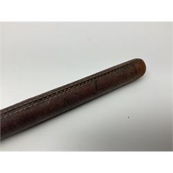 19th century continental folding knife with 15.5cm single edged blade, the pierced brass and iron handle with remains of horn grips L21.5cm overall closed; turned horn handled knife with foliate engraved blade; battlefield relic German 1884/98 knife bayonet; iron spear head; leather covered swagger stick; and two-piece gun cleaning rod