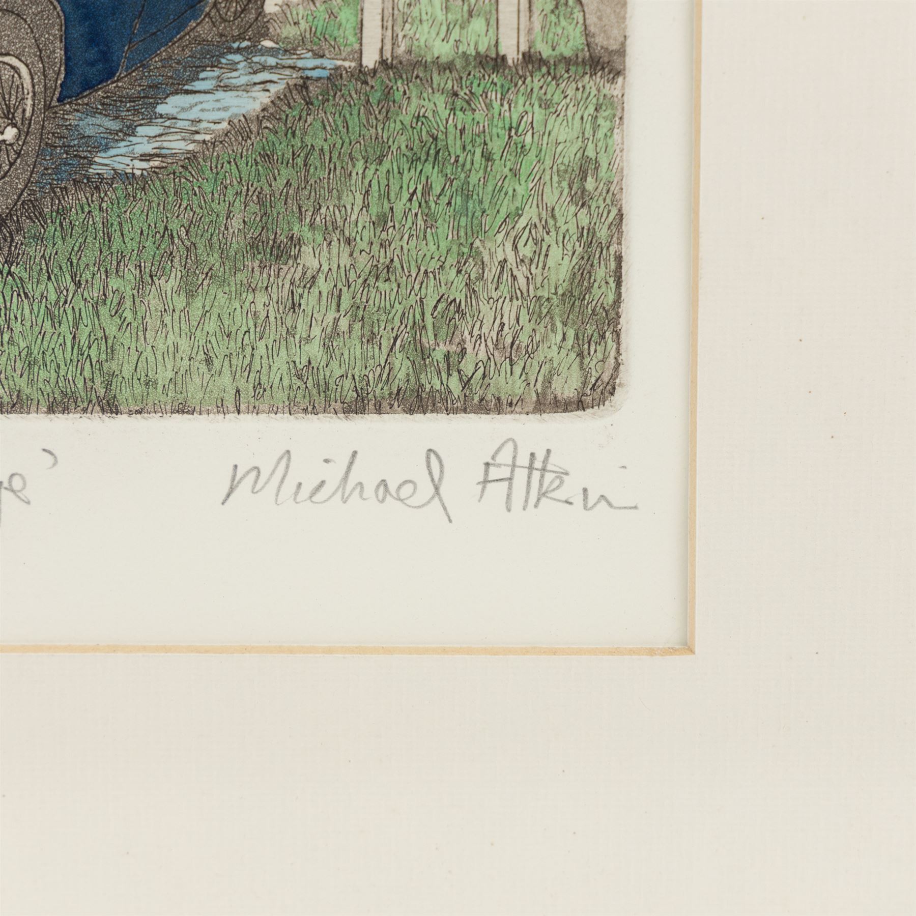 Michael Atkin (Scarborough 1952-): 'Austin Healey MKIII - Ford and Footbridge', limited edition coloured etching signed titled and numbered 8/60 in pencil, 31cm x 31cm 