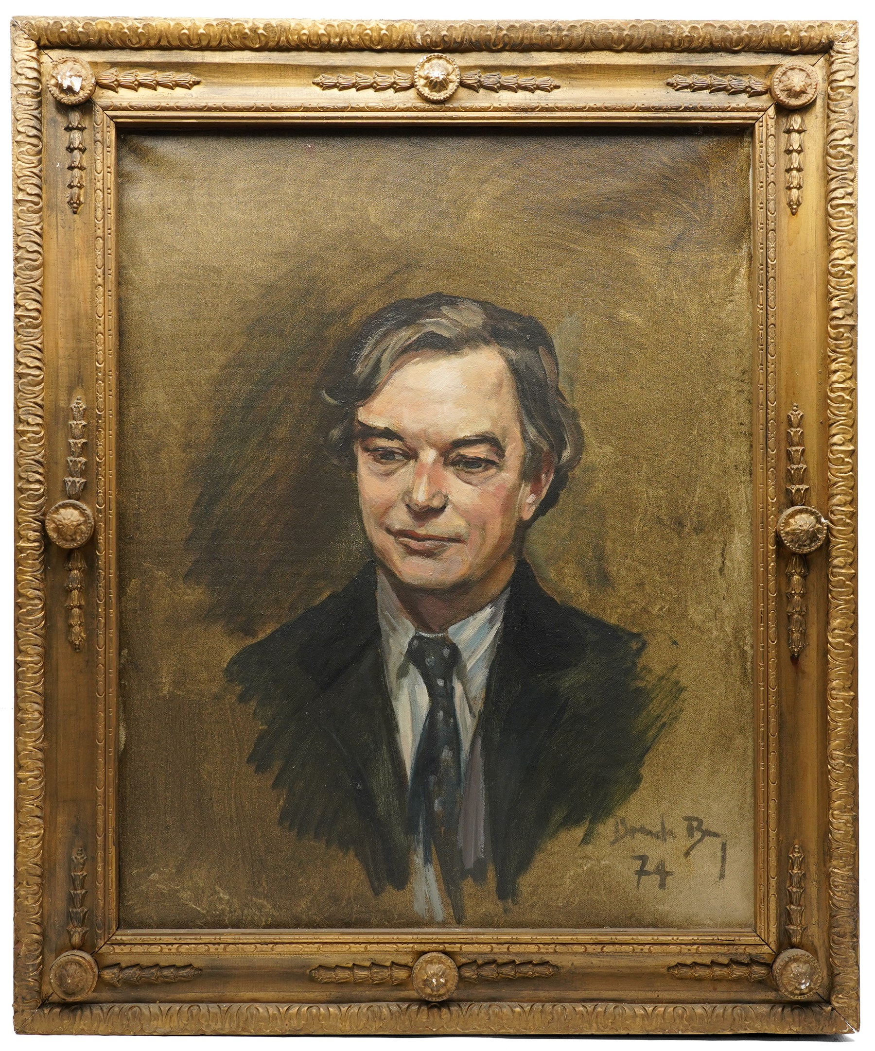 Brenda Bury (British 1932-): Members of European Parliament - 'Frederick Ponsonby 10th Earl of Bessborough' 'Rafton Pounder' 'Sir James Scott Hopkins' 'William Murray 8th Earl of Mansfield & Mansfield' 'John Brewis' and 'Peter Kerr 12th Marquess of Lothian', set of six oils on canvas variously signed, one dated '74, in matching frames, 76cm x 59cm (6)
Provenance: Property of a Nobleman.
