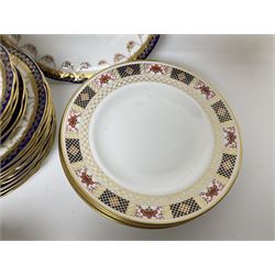 Six Royal Crown Derby Imari 'Derby Border' pattern plates, together with Aynsley part tea service, to include tea cups and saucers, milk jug, side plates etc