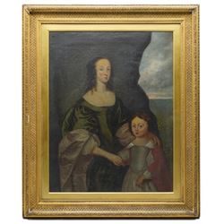 English Provincial School (Late 17th century): Portrait of a Lady and Child in a Landscape Setting, oil on canvas unsigned 64cm x 49cm
Provenance: reputedly acquired from the Wiganthorpe Hall estate sale during the 1950s