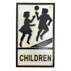 Cast iron 'Children' sign with black writing on a white ground, H30cm 
THIS LOT IS TO BE COLLECTED BY APPOINTMENT FROM DUGGLEBY STORAGE, GREAT HILL, EASTFIELD, SCARBOROUGH, YO11 3TX