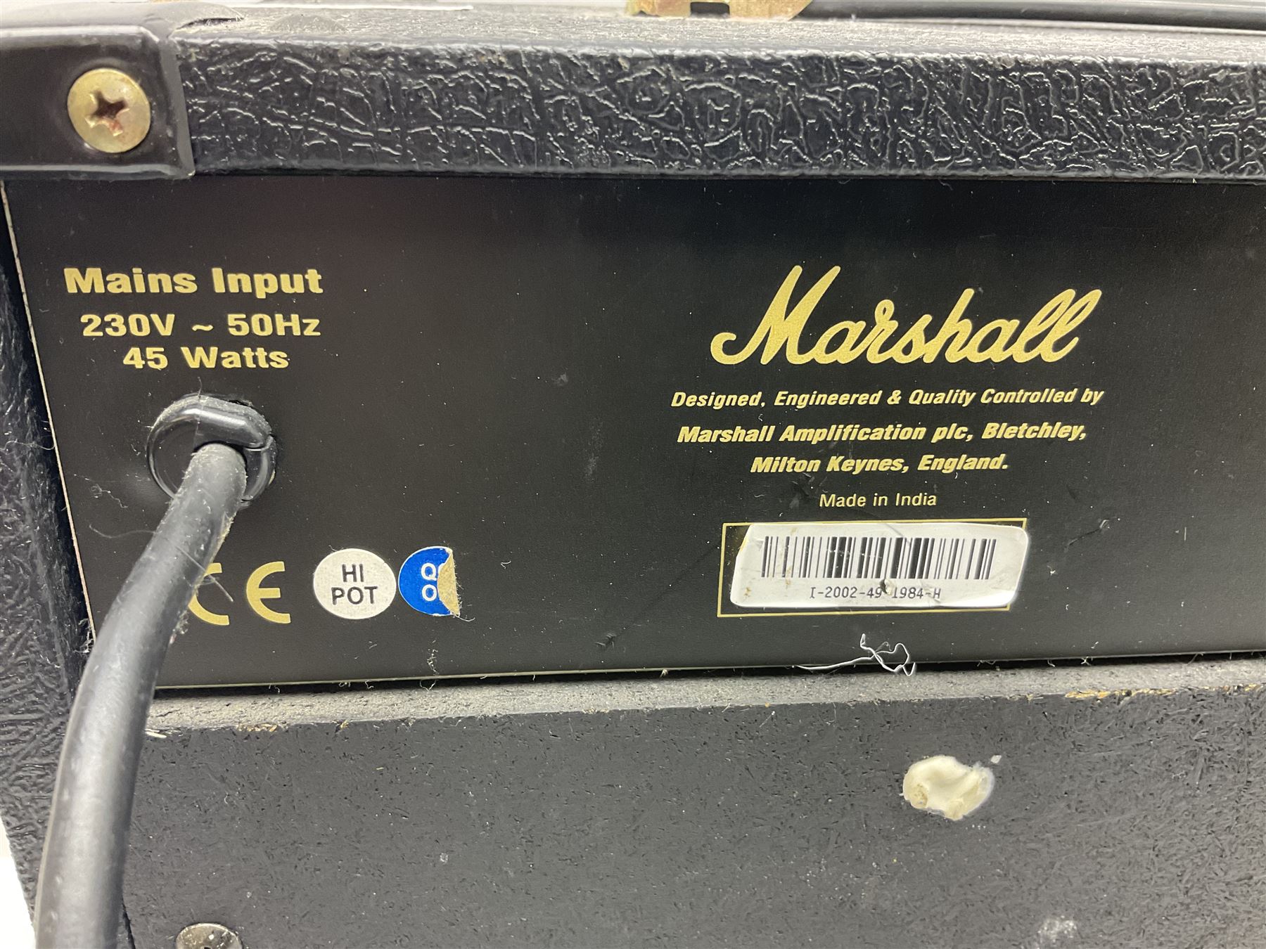 Aria Sinsonido mahogany electric travel guitar, serial no.0502385 L86cm; in original gig bag with earphones and GM11 Minituner; together with Fender Sidekick Reverb 25 amplifier and Marshall MG Series 15DFX amplifier (3)
