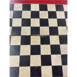 19th century walnut and brass bound games compendium box, painted to enhance the grain, of rectangular form, the hinged opening cover with rounded sides, central brass cartouche with engraved lion crest, and brass riveted straps, opening to reveal a red leather and blue silk lined compartmented interior, with fold-down games board, and lift-out tray containing playing cards, ebony turned dice towers, white and red stained bone draughts, and chess pieces, ivory dice, and ivory and ebony whist markers, and brass bezique board, cribbage board and markers, H15cm W32cm D24cm
This lot has been registered for sale under Section 10 of the APHA Ivory Act