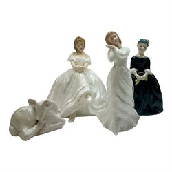 Six Royal Doulton figures, including Thank you HN3390, Heather HN2956, Christmas Day HN3488 etc together with Coalport and Duron figures