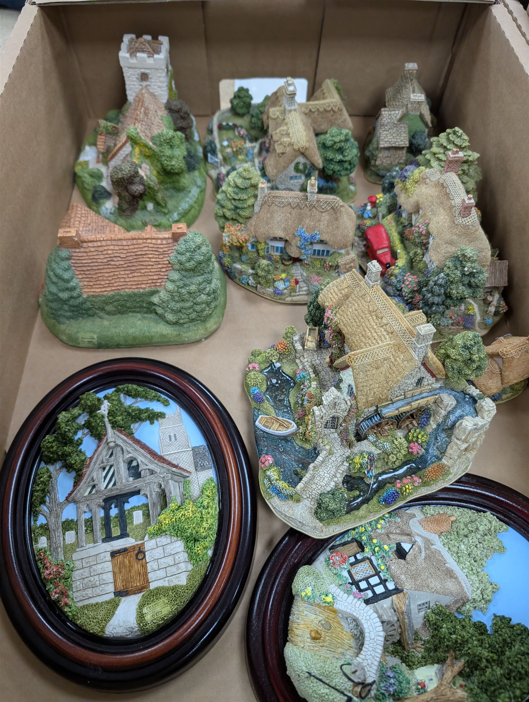 Six Lilliput Lane models, including The Old Mill at Dunster and Pen Pals, together with two Memory Lane models and two Lakeland Studios plaques, most with boxes