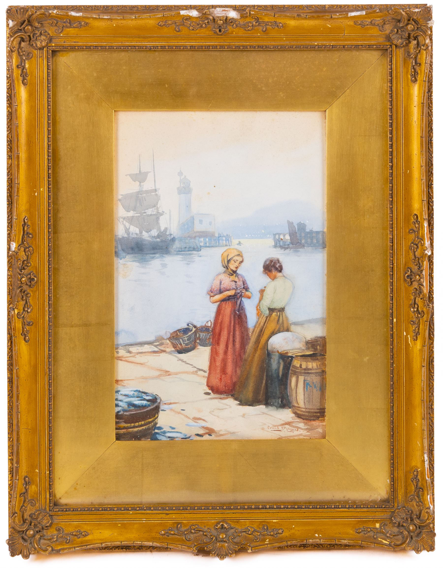 Frank Henry Mason (Staithes Group 1875-1965): 'Leisure Moments' - Girls Knitting on the Quayside Scarborough, watercolour signed, old title label verso 28cm x 18cm
Provenance: purchased David Duggleby Ltd 16th September 2022 Lot 150