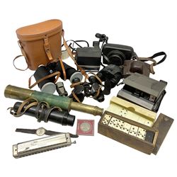 Brass telescope, together with Zenith 7 x 50 field binoculars, two polaroid cameras and other cameras and equipment 