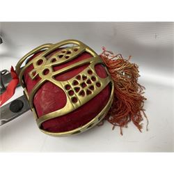 Reproduction Scottish officers basket hilt broad sword, the brass basket pierced with heart-shaped motifs lined with red lining, together with a reproduction Japanese Katana sword, longest L110cm