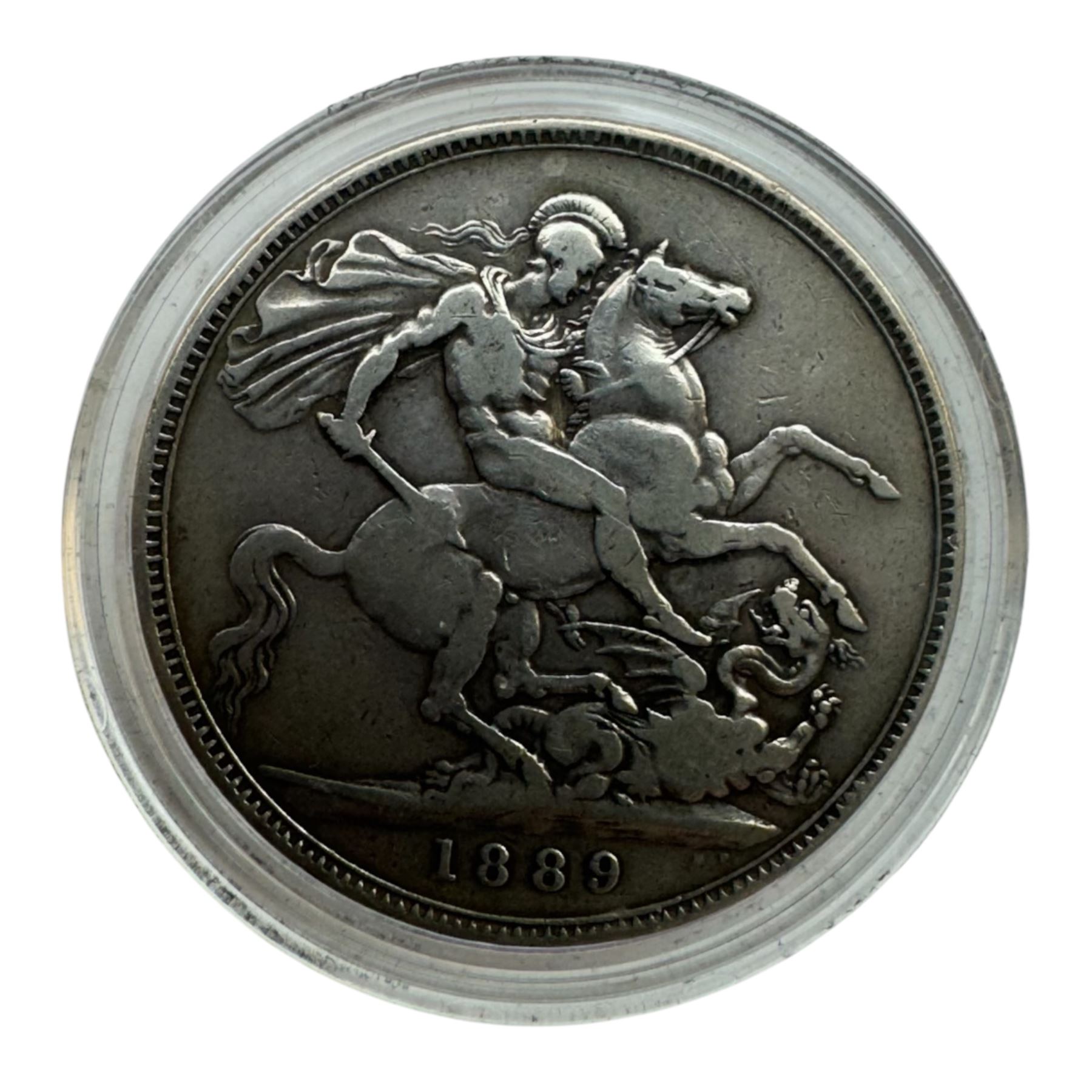 Three Queen Victoria silver crown coins, dated 1845, 1889 and 1893, housed in a case as 'The Queen Victoria Silver Crown Collection' with Westminster certificate