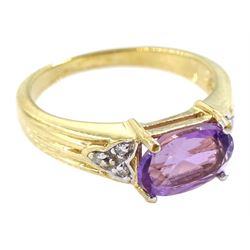 9ct gold oval amethyst and diamond ring, hallmarked