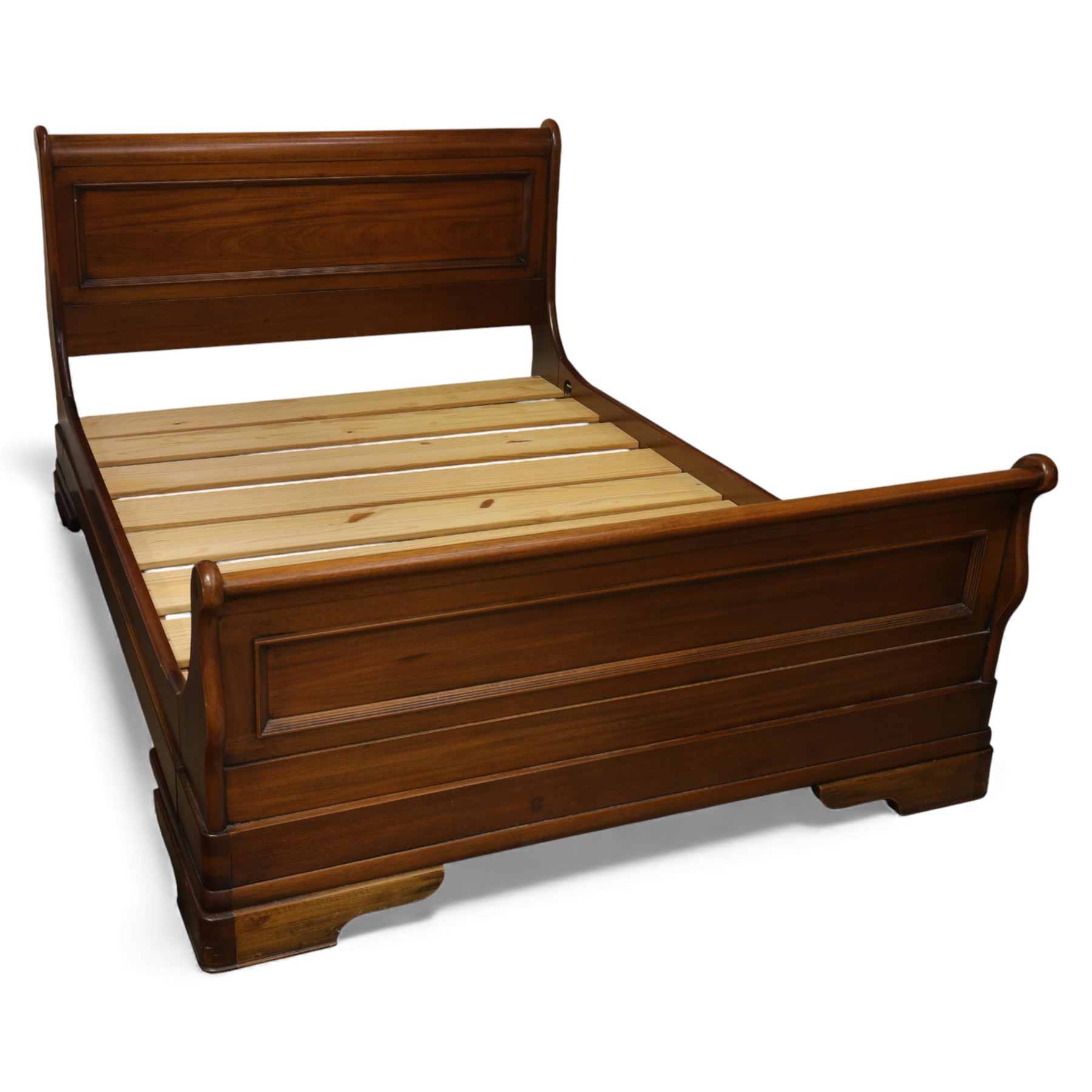 Willis & Gambier - French cherry wood double sleigh bed, with moulded panelled headboard and footboard, each with scroll ends, raised on shaped plinth supports