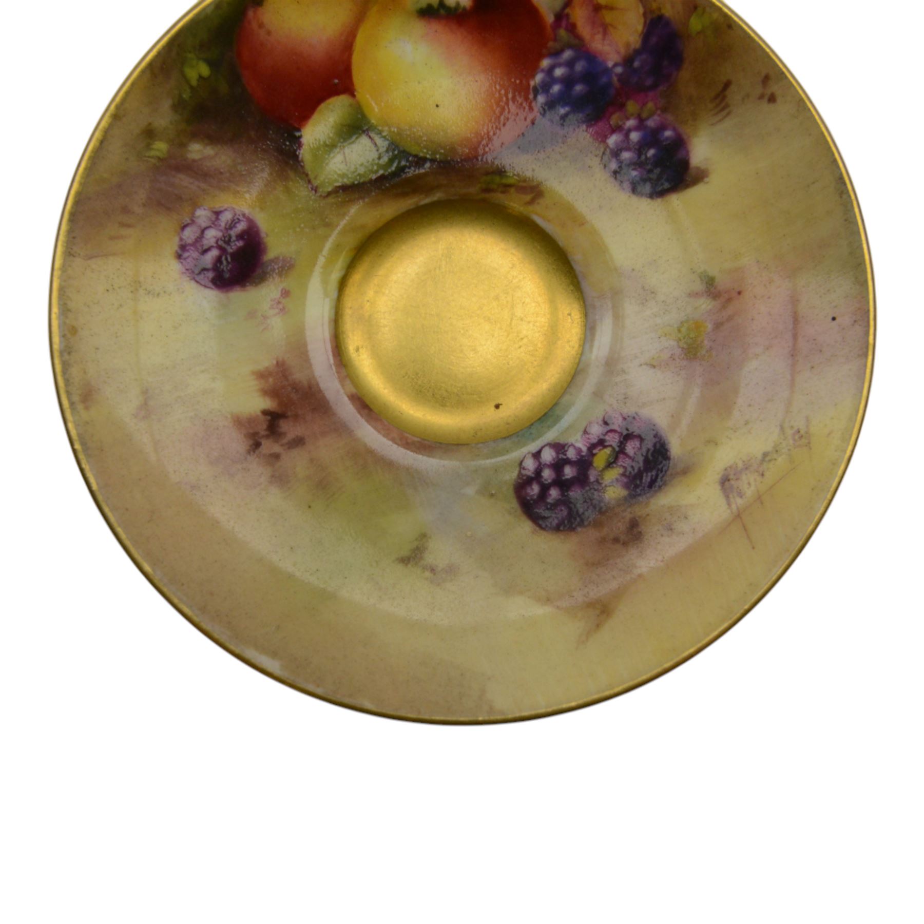 Two Royal Worcester fruit painted miniature cabinet cups and saucers, the first example interior hand painted with apples and blackberries upon a mossy ground, the cup exterior and centre of saucer gilded, cup signed W. Hale and saucer signed G. Mosley, each with puce coloured printed marks beneath, the second example, exterior hand painted with pears and blackberries upon a mossy ground, the cup interior and centre of saucer gilded, cup signed Rushton and saucer signed W. H. Austin, each with puce coloured printed marks beneath, largest H6cm