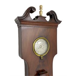 D Luvate of Preston - early Victorian mahogany mercury wheel barometer c1840, with a swan’s neck pediment and cavetto moulded square base, 8-inch silvered register calibrated in inches with a decorative star engraved centre, cast brass bezel and convex glass, with a steel indicating hand and brass recording hand, beneath a bowfronted Fahrenheit scale thermometer and hygrometer, rectangular spirit level signed D LUVATE, PRESTON.
Lacking recording hand button.
H109
Dominic Luvate is recorded as working as a barometer and looking glass maker in Friargate, Preston 1820-45
