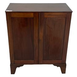 19th century mahogany collector's cabinet, crossbanded rectangular top over two panelled doors, the interior fitted with seven shallow drawers, on bracket feet