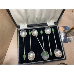 Boxed set of Banda carpet bowls, two boxed sets of Stuart glasses, Murano art glass bowl, cloisonné plate decorated with flowers upon gilt ground, silver plate and other metalware etc