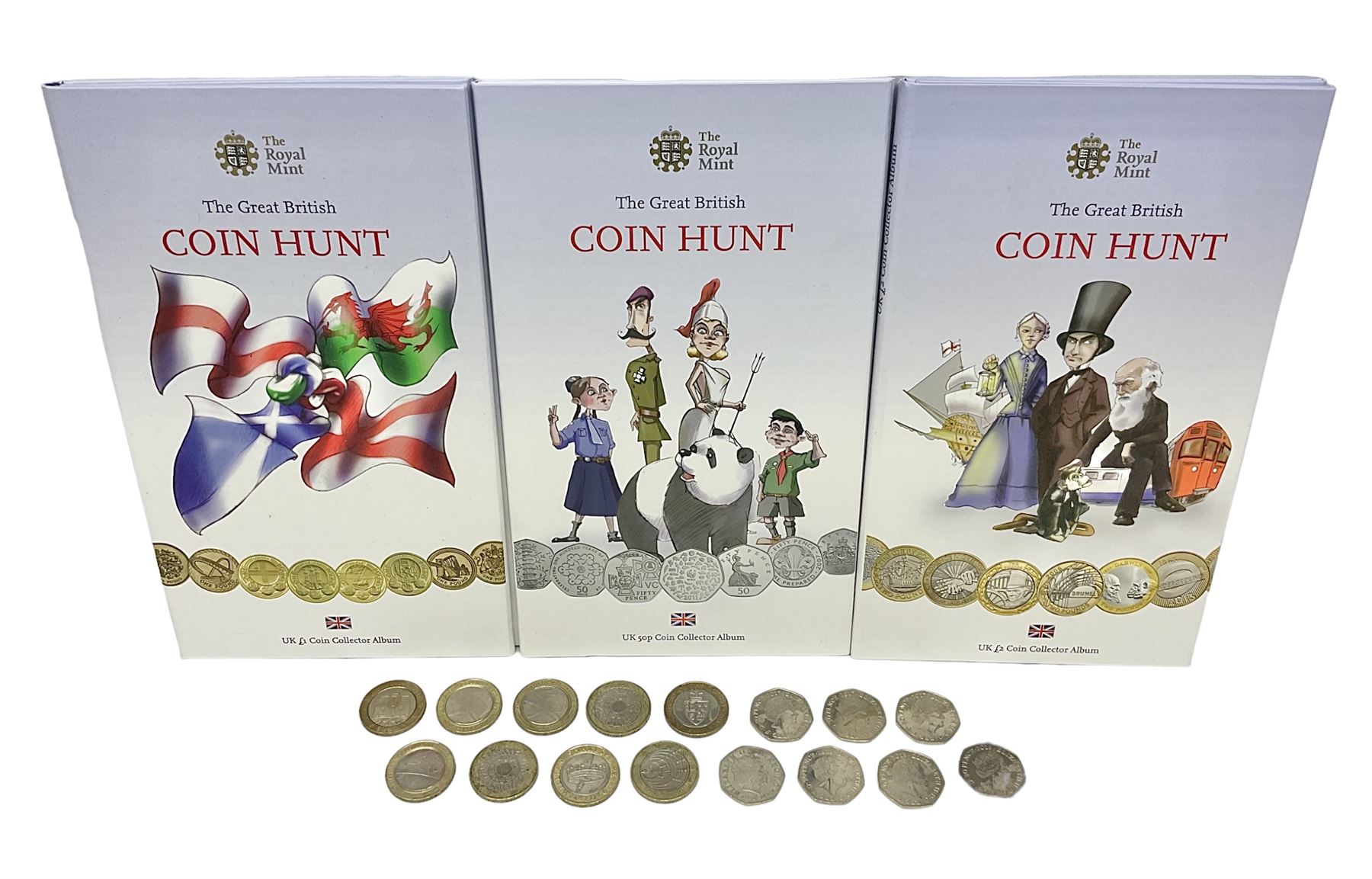 The Royal Mint United Kingdom mostly commemorative two pound, old round one pound and fifty pence coins, overall face value approximately 110 GBP, housed in three 'Coin Hunt' folders and loose