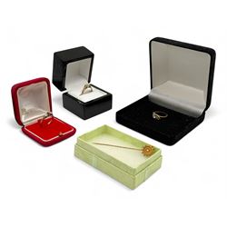 Two 9ct gold stone set rings, hallmarked, together with a 15ct gold seed pearl stick pin a...