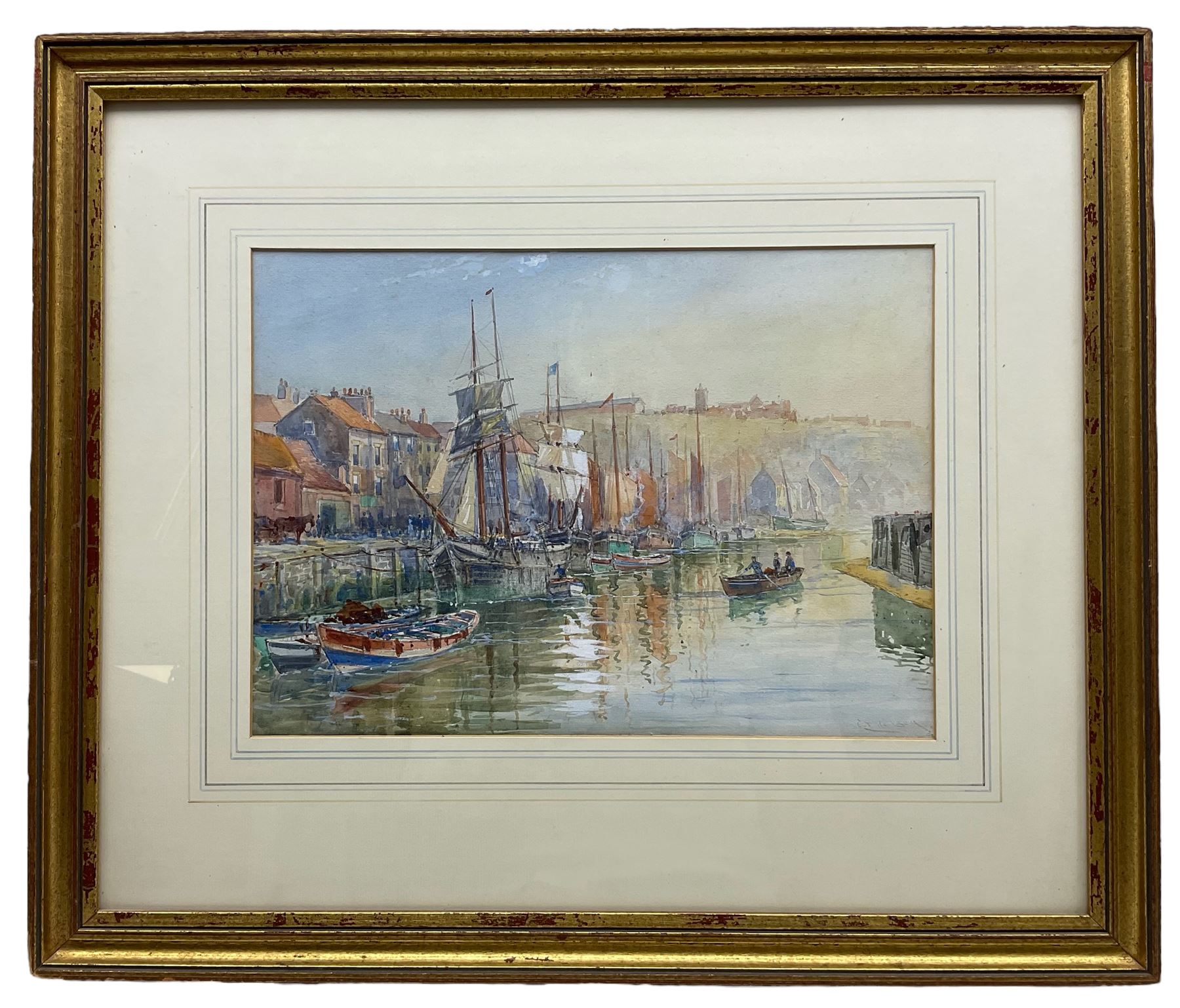 Charles John de Lacy (British 1856-1929): Sailing Vessels Moored at Dock End Whitby, watercolour signed 25.5cm x 36cm