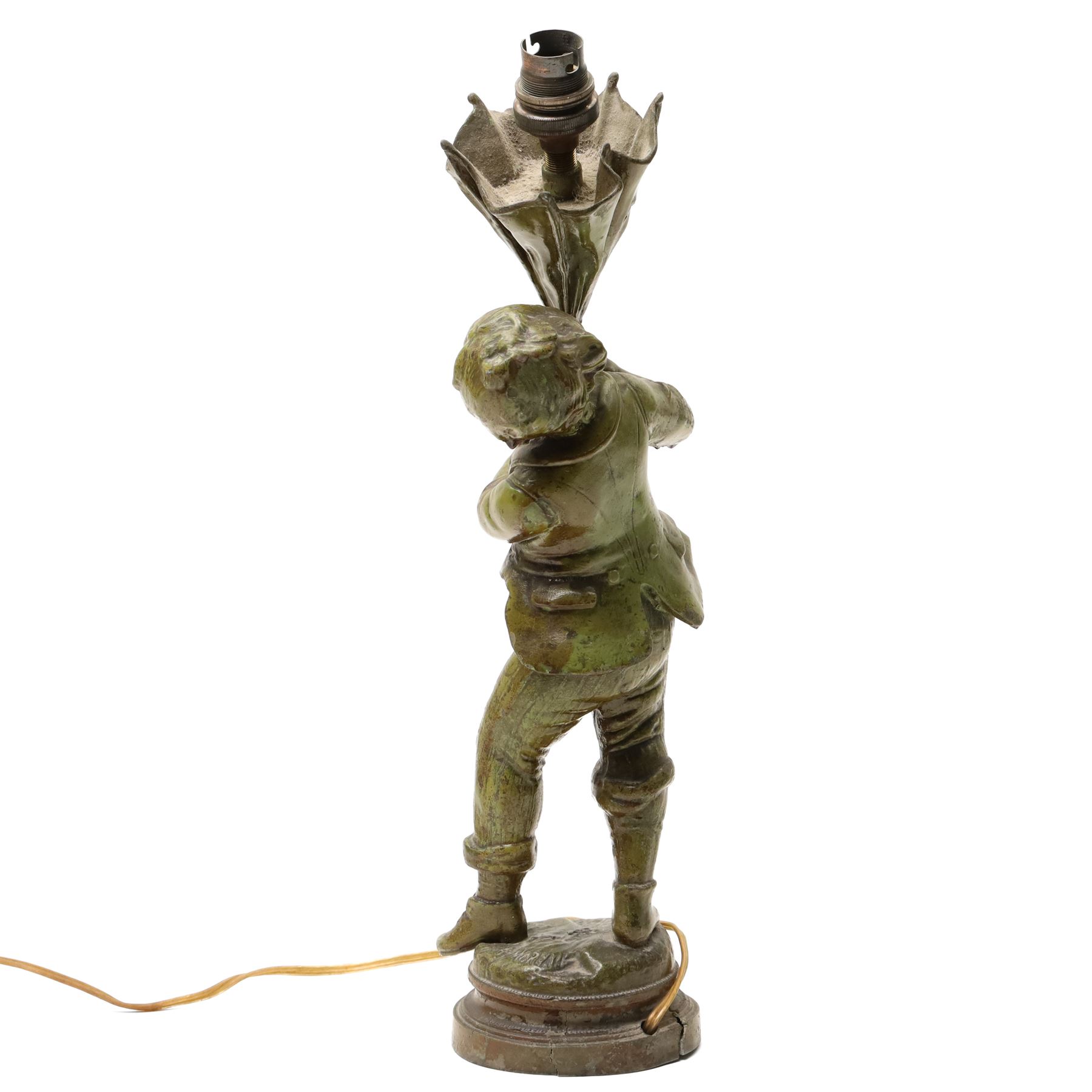 After Louis Auguste Moreau - The Gust of Wind, bronzed figure holding an umbrella, adapted as a table lamp H40cm