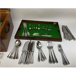Oak canteen box, with inset plaque to the interior for Walker & Hall Sheffield, containing assorted flatware, mostly silver plate, including examples by Viners, ivory handled knifes, etc., plus a boxed cake knife with silver handle, hallmarked Harrison Brothers (probably), Sheffield 1970.