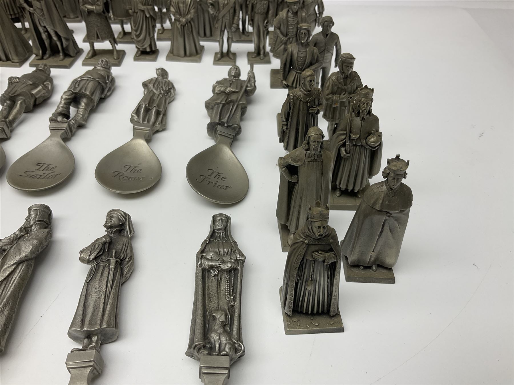 Set of forty three miniature Franklin Mint pewter figures of the Kings and Queens of England, with certificate of authenticity and information cards, together with a collection of twenty four Franklin Mint pewter Charles Dickens character spoons