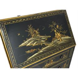 Early 20th century Chinoiserie lacquered bureau, raised gilt decoration, fall front enclosing divisions and drawer, three graduating long drawers, on cabriole supports
