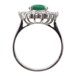 18ct white gold oval emerald, round and baguette cut diamond ring, stamped 750, emerald approx 1.90 carat