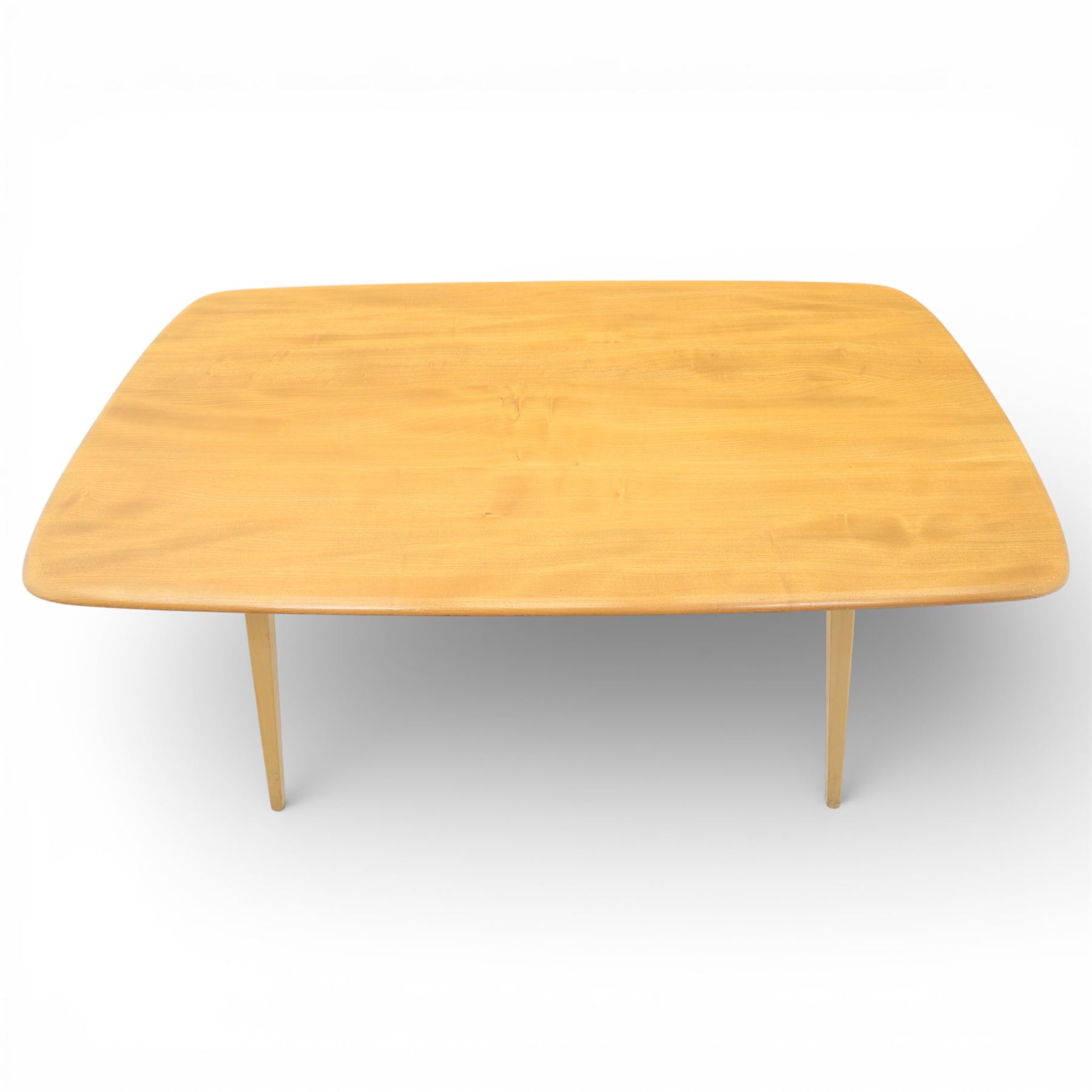 Ercol - elm dining table, rectangular plank top with rounded corners and moulded edge, raised on four tapering beech supports