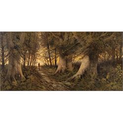 English School (19th/20th century): Figures Strolling Through Dense Forest, pair of oils on canvas indistinctly signed 29cm x 60cm (2)