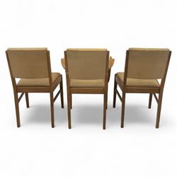 Gordon Russell - mid 20th century teak dining suite, comprising rectangular extending dining table and six matching chairs including one carver, each chair with padded upholstered seat and backrest in vinyl, on square supports, the table with plain top and rounded edges on tapered legs, an example of the firm’s functional post-war design with restrained modernist detailing (Chairs H 85cm, W 47cm, D 46cm) (Extends to 154cm)