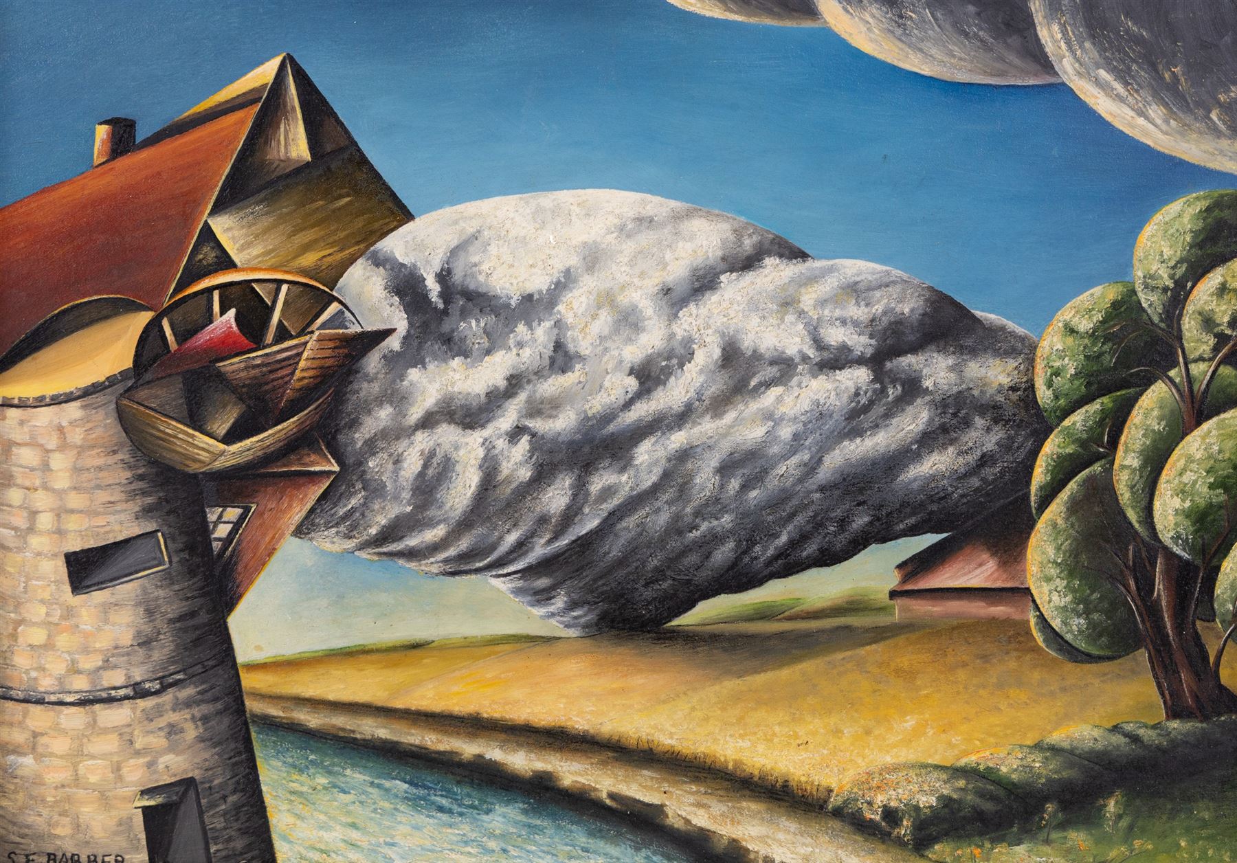 S E Barber (British Mid-20th Century): Surreal 'Landscape Fantasy', oil on board signed, titled on International Amateur Art Exhibition label verso 35cm x 50cm 