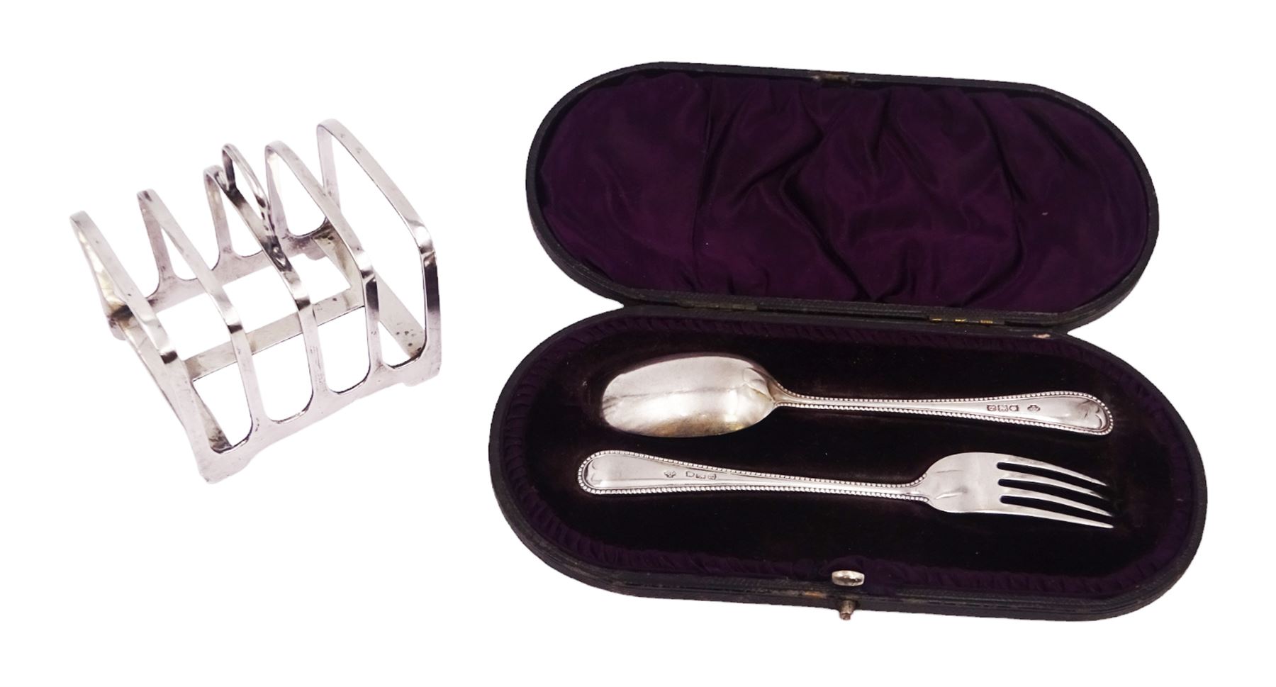 Victorian silver five bar toast rack, hallmarked Stokes & Ireland Ltd, together with Victorian silver fork and spoon set, each with beaded rims, hallmarked London 1896, William Hutton & Sons Ltd, toast rack H8cm