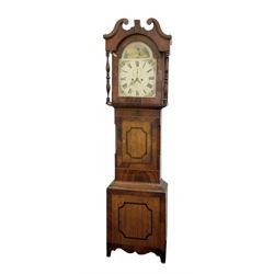 Late 19th century- 8-day mahogany and oak longcase clock, with a swan necked pediment and break-arch hood door beneath flanked by ring turned pilasters, broad trunk with canted corners and a short trunk door with crossbanding and a bone escutcheon, conforming plinth with a shaped base, painted dial with floral spandrels and a country scene to the arch, with Roman numerals, seconds dial and date aperture, dial pinned directly to a rack striking movement, striking the hours on a bell. With weights and pendulum.