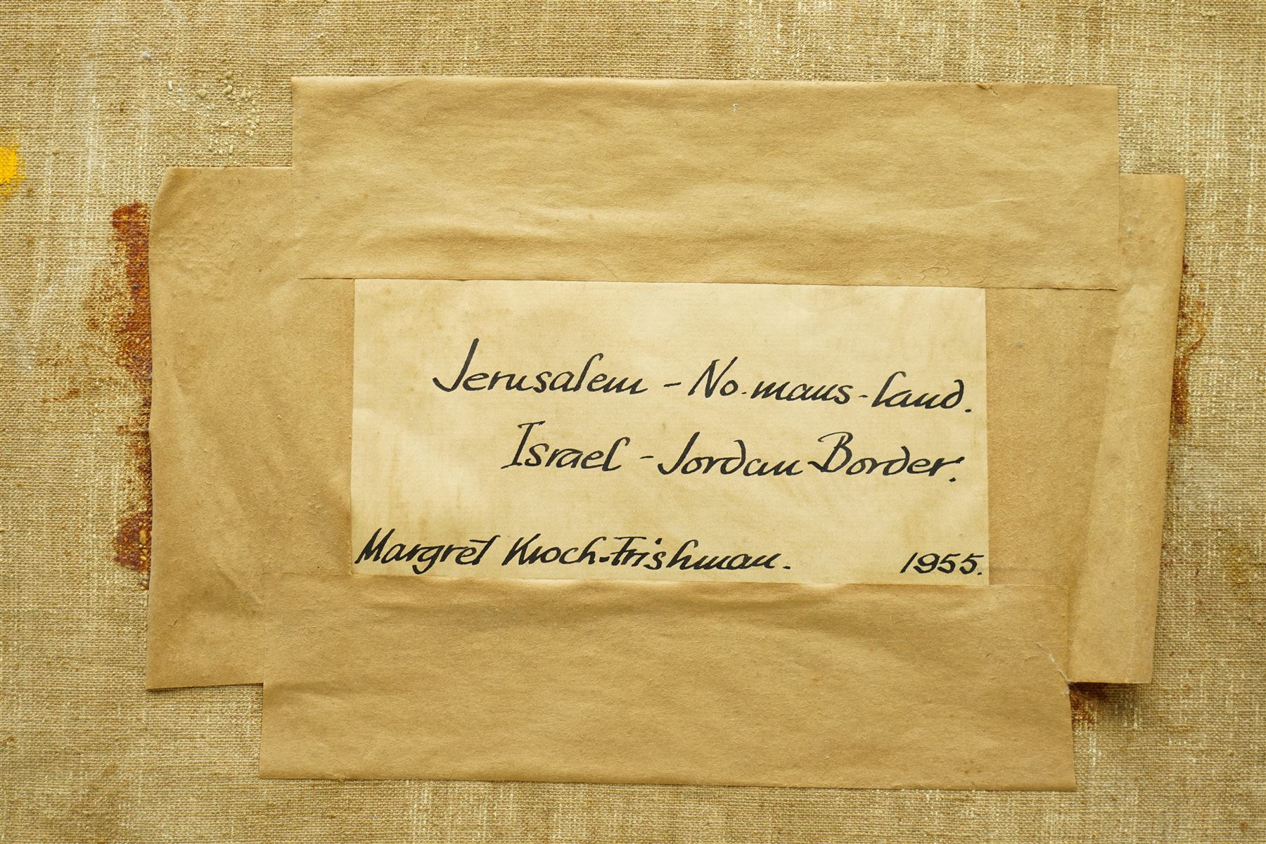 Margaret Kroch Frishman (student of Oskar Kokoshka) (German 1897-1972): 'Jerusalem - Israel - Jordan Border', oil on canvas signed with monogram MKF and dated '55, inscribed on label verso 56cm x 63cm