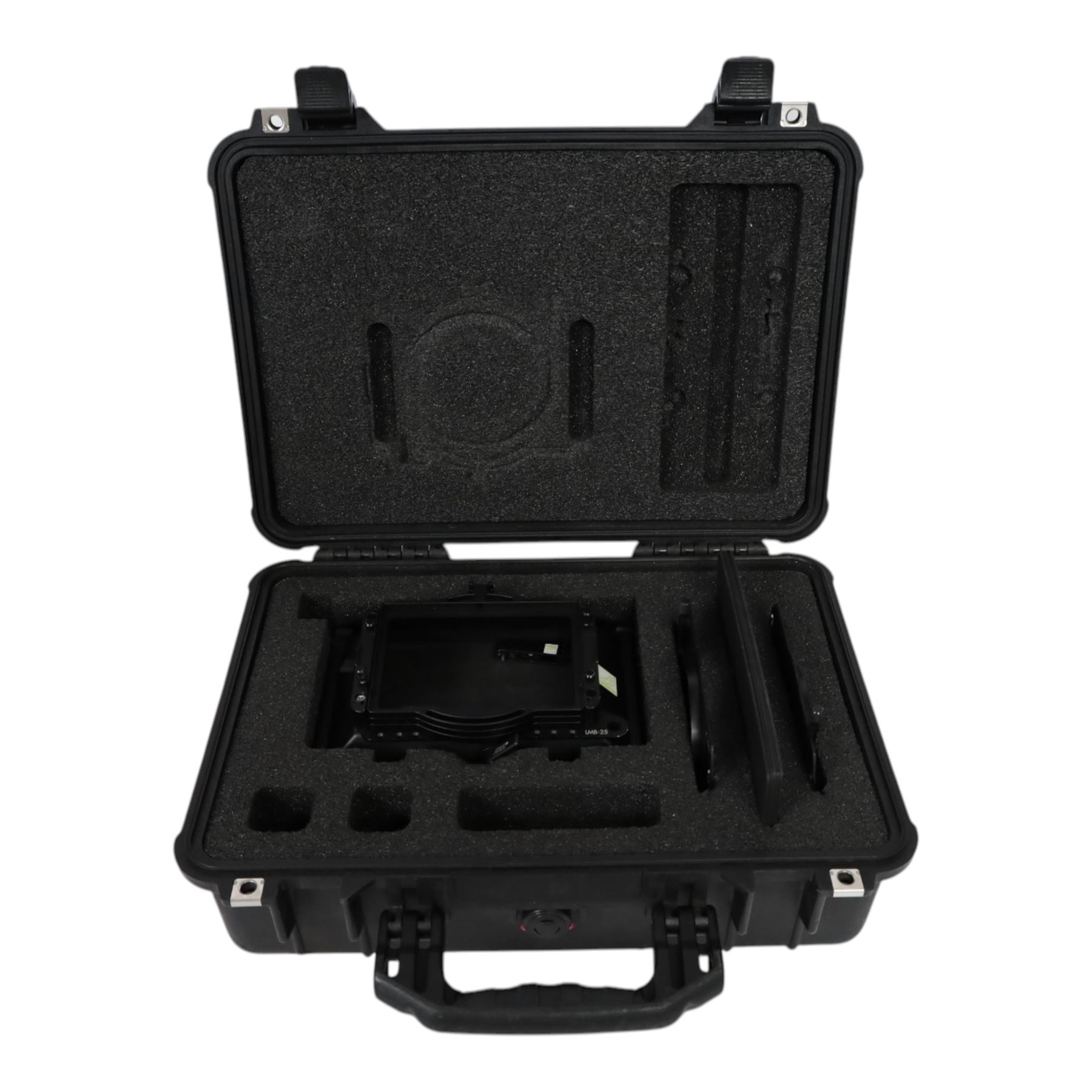 Arri LMB-25 kit comprising LMB-25 Matte Box with three filter stages, one top light shield, two clamp-on adapters one 87mm and one 110mm and five masks, in a custom cut Peli 1500 case
