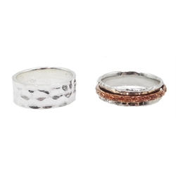 Silver and copper spinner ring and silver beaten finish ring, both stamped 925   